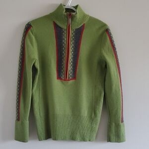 Eddie Bauer Vintage Green Zip-Up Wool Sweater with Gray Red Nordic Details Sz L